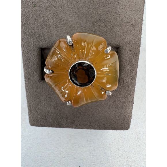Unique Boho 925 Sterling Silver Orange Flower Ring Stone Semi Precious - Picture 1 of 10